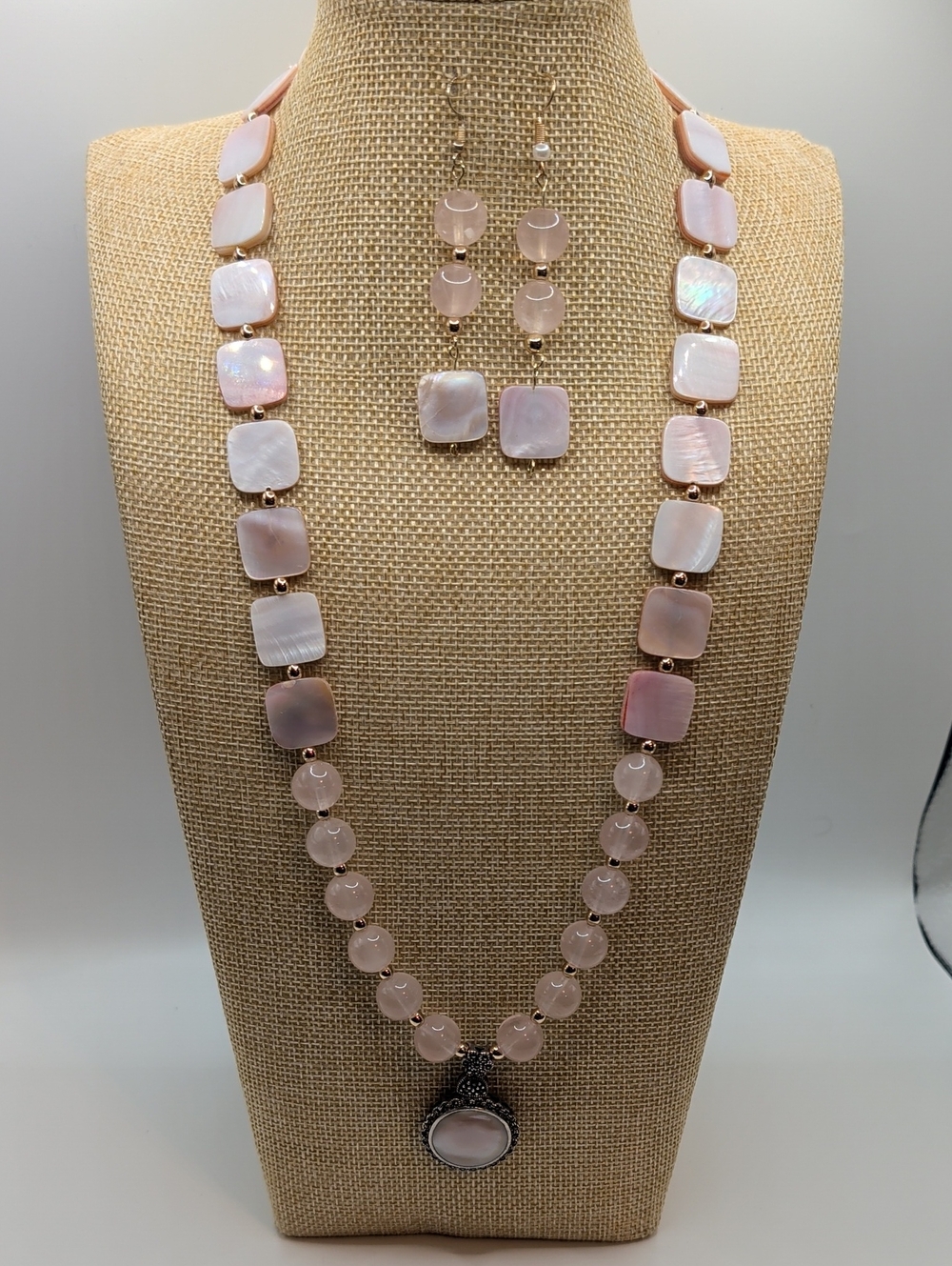 Rose Quartz Pink Beaded Necklace & Earring Set